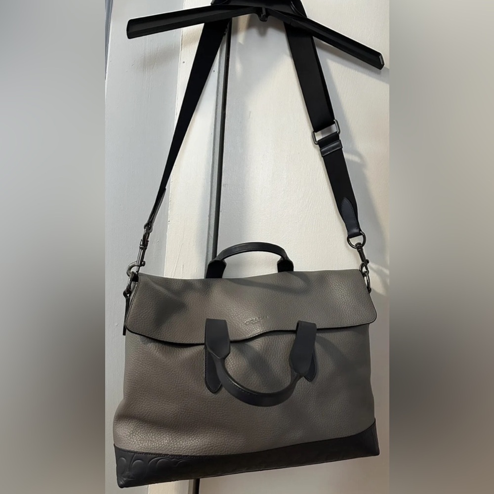 COACH Hamilton Portfolio Laptop Bag Brief Grey and Navy Pebble Leather- F79966